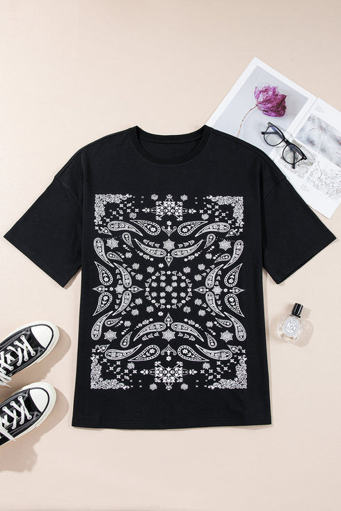 Black Paisley Print Crew Neck Loose Fit Tunic Tee